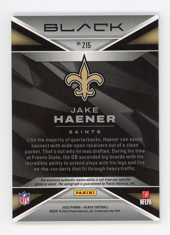 2023 Jake Haener Rookie Patch Auto #D /199 Black Panini New Orleans Saints # 215