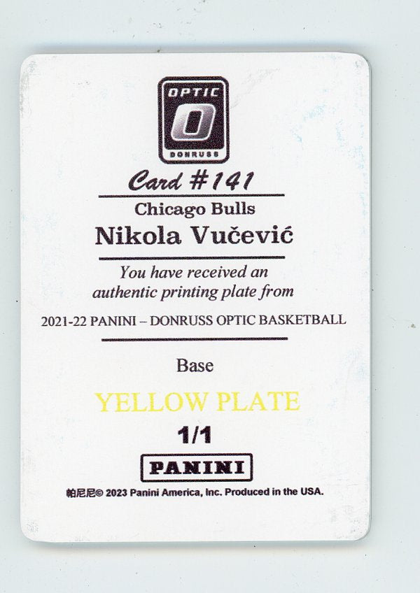 2023 Nikola Vucevic Printing Plate #D 1/1 Yellow Donruss Optic Chicago Bulls # 141