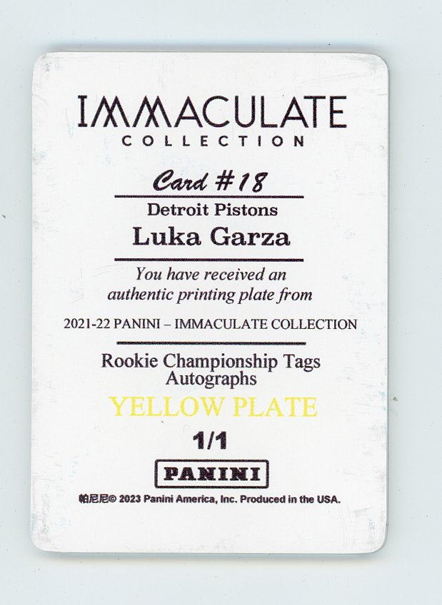 2023 Luka Garza Printing Plate #D 1/1 Yellow Immaculate Detroit Pistons # 18