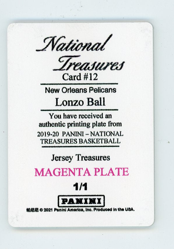 2021 Lonzo Ball Printing Plate #D 1/1 Magenta National Treasures New Orleans Pelicans # 12