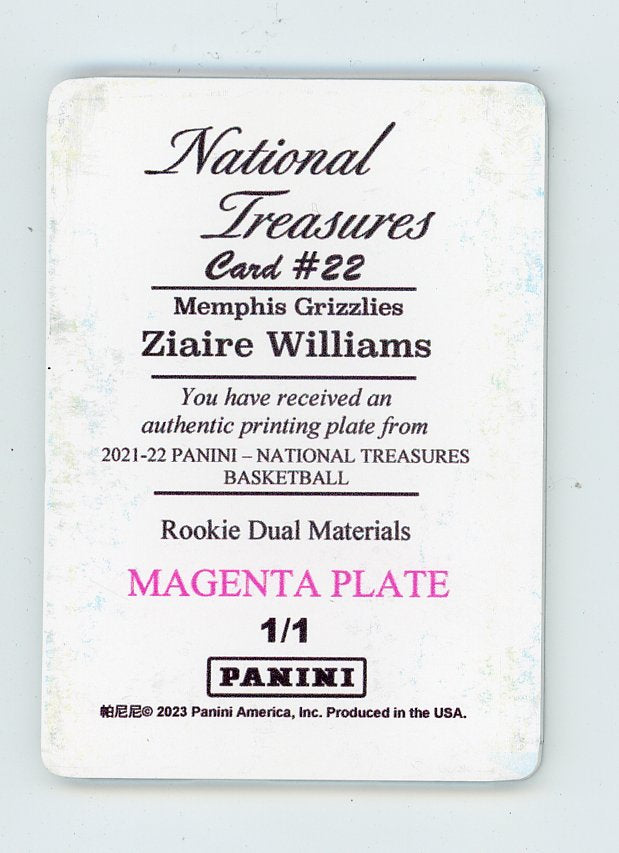 2023 Ziaire Williams Printing Plate #D 1/1 Magenta National Treasures Memphis Grizzlies # 22