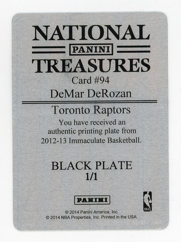 2014 Demar Derozan Printing Black Plate #d 1/1 National Treasures Toronto Raptors # 94