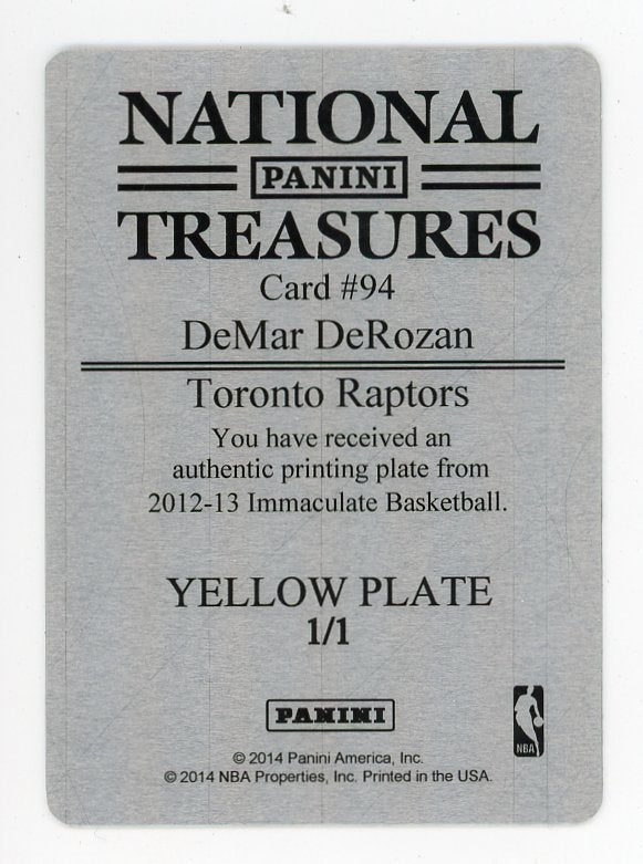 2014 Demar Derozan Printing Yellow Plate #d 1/1 National Treasures Toronto Raptors # 94