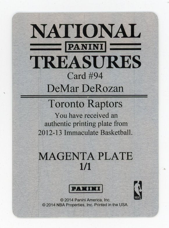 2014 Demar Derozan Printing Magenta Plate #d 1/1 National Treasures Toronto Raptors # 94