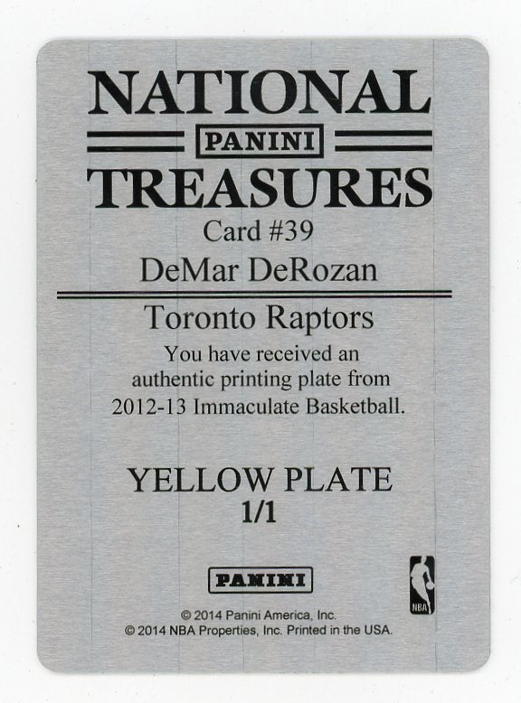 2014 Demar Derozan Printing Yellow Plate #d 1/1 National Treasures Toronto Raptors # 39