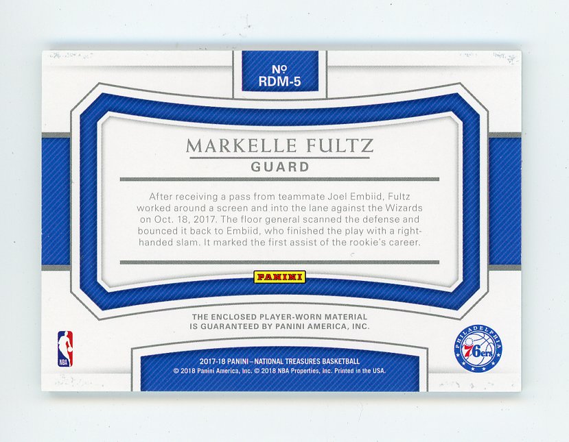 2017-2018 Markelle Fultz Rookie Dual Materials National Treasures Philadelphia 76ers # RDM-5