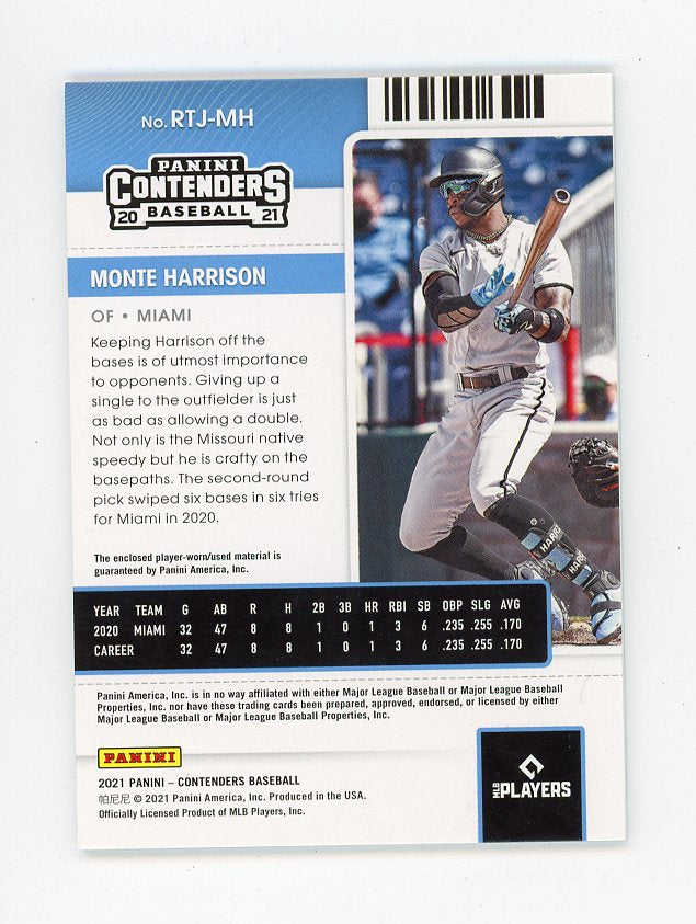 2021 Monte Harrison Rookie Ticket Contenders Miami Marlins # RTJ-MH