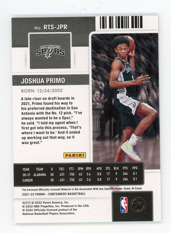 2022-2023 Joshua Primo Rookie Ticket Contenders San Antonio Spurs # RTS-JPR