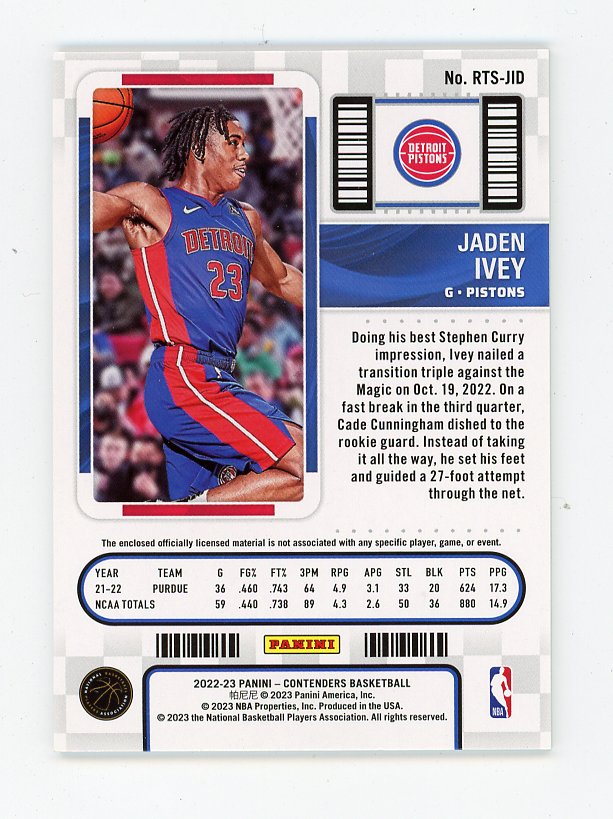 2022-2023 Jaden Ivey Rookie Ticket Patch Contenders Detroit Pistons # RTS-JID