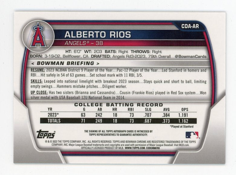 2023 Alberto Rios Auto Bowman Chrome Los Angeles Angels # CDA-AR