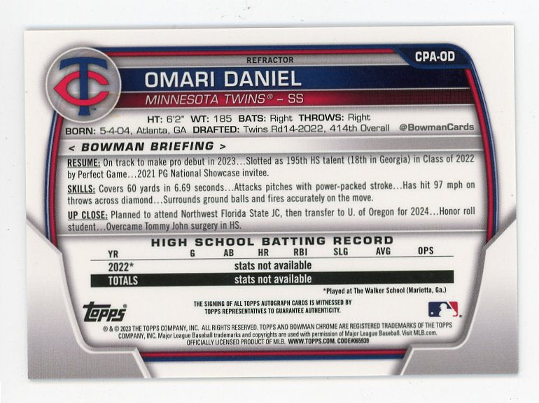 2023 Omari Daniel Auto #D /499 Bowman Chrome Minnesota Twins # CPA-OD