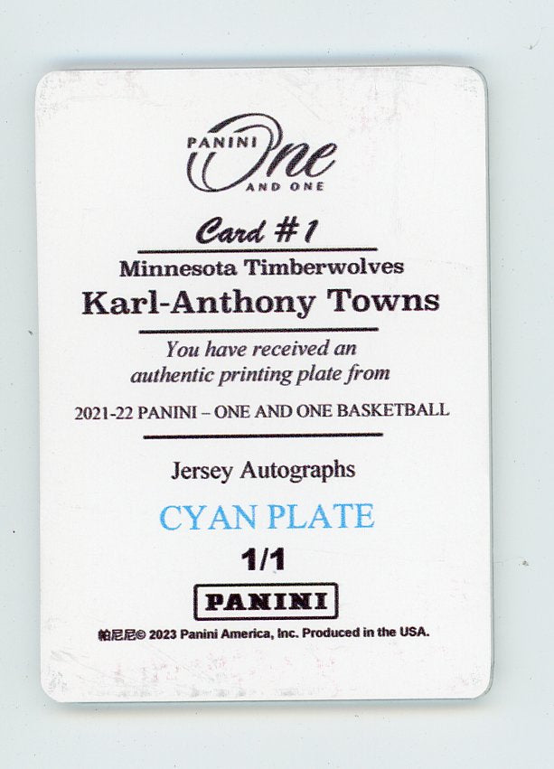 2023 Karl-Anthony Towns Cyan Printing Plate #D 1/1 Panini Minnesota Timberwolves # 1