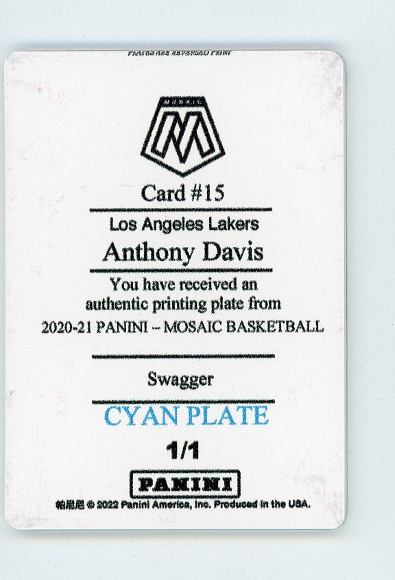 2022 Anthony Davis Cyan Printing Plate #D 1/1 Mosaic Los Angeles Lakers # 15