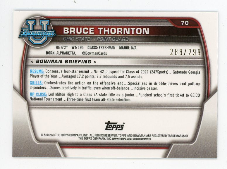 2023 Bruce Thornton Teal Prizm #D /299 Bowman Ohio State # 70