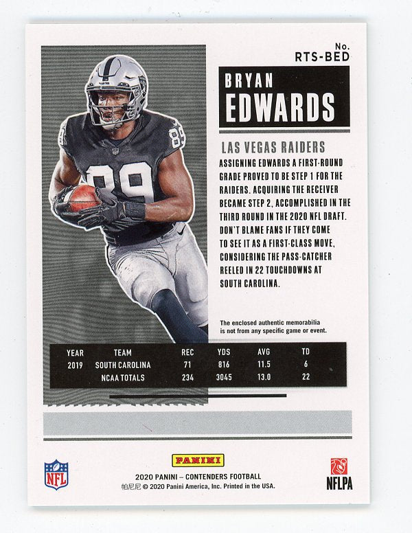 2020 Bryan Edwards Rookie Ticket Patch Panini Contenders Las Vegas Raiders # RTS-BED