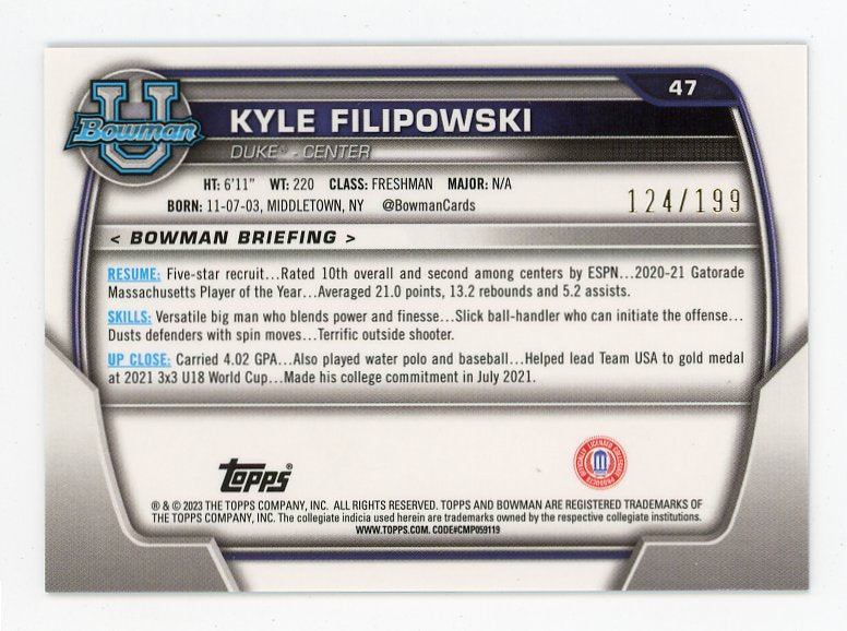 2023 Kyle Filipowski Blue #D /199 Bowman Duke # 47