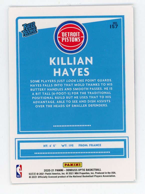 2020-2021 Killian Hayes Rated Rookie Donruss Optic Detroit Pistons # 157