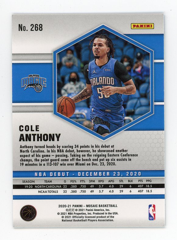 2020-2021 Cole Anthony Rookie Mosaic Orlando Magic # 268