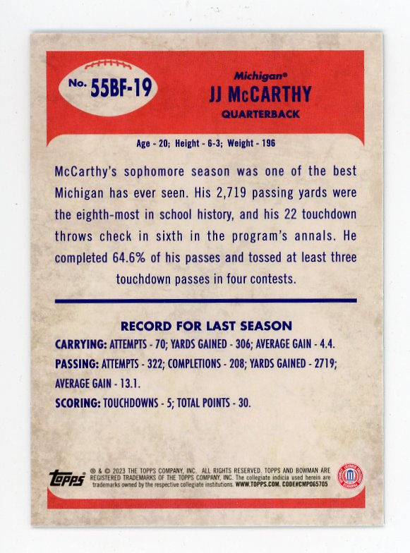 2023 JJ Mccarthy Retro Bowman Chrome Michigan # 55BF-19