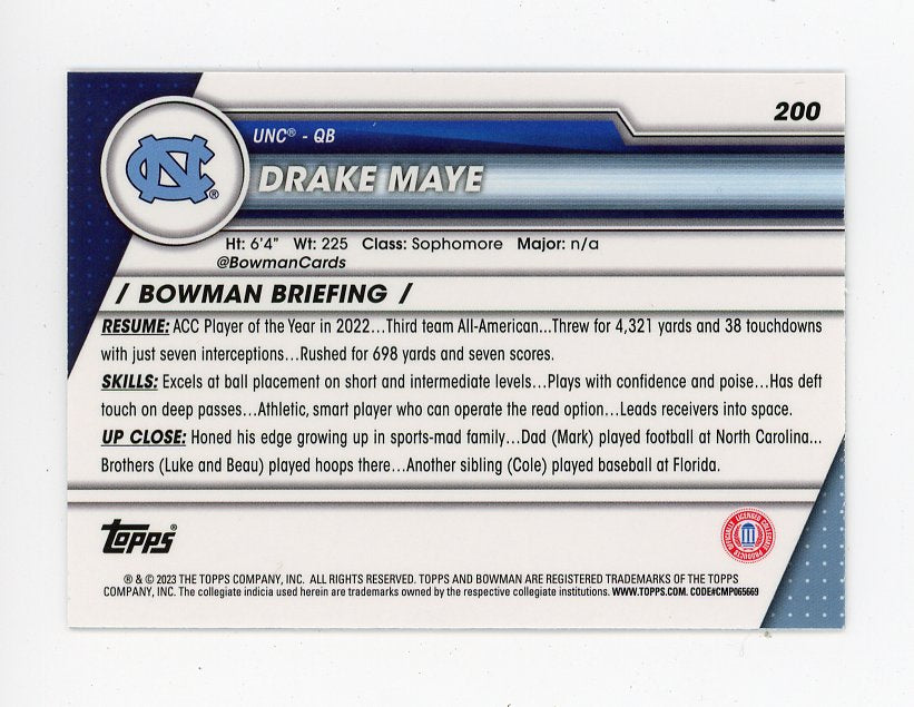 2023 Drake Maye 1ST Bowman Chrome UNC # 200