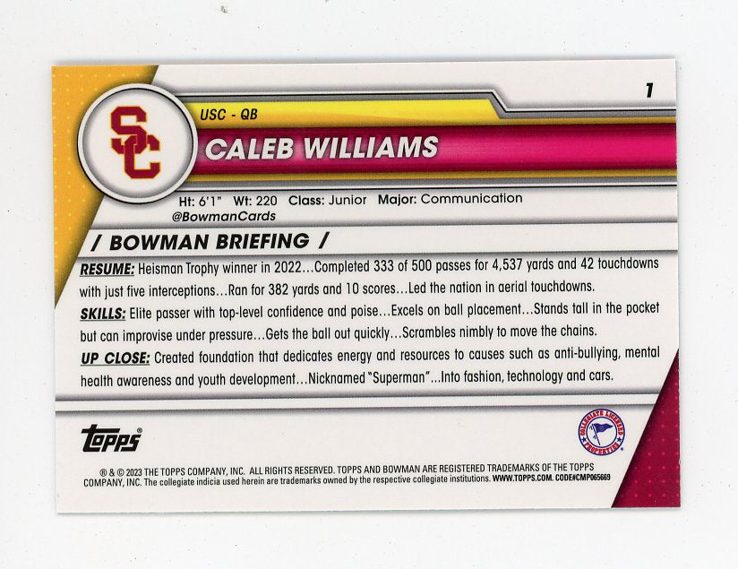 2023 Caleb Williams 1ST Bowman Chrome USC # 1