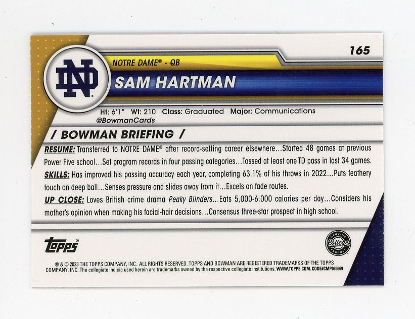 2023 Sam Hartman Shimmer Refractor Bowman Chrome Notre Dame # 165