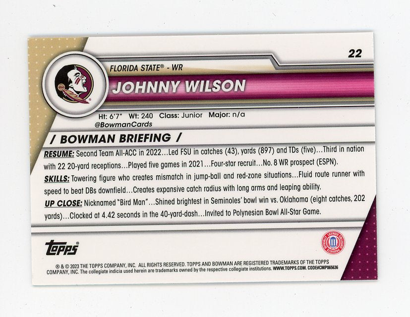 2023 Johnny Wilson X Fractor Bowman Chrome Florida State # 22