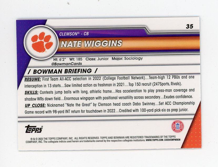 2023 Nate Wiggins Purple Shimmer Bowman Chrome Clemson # 35