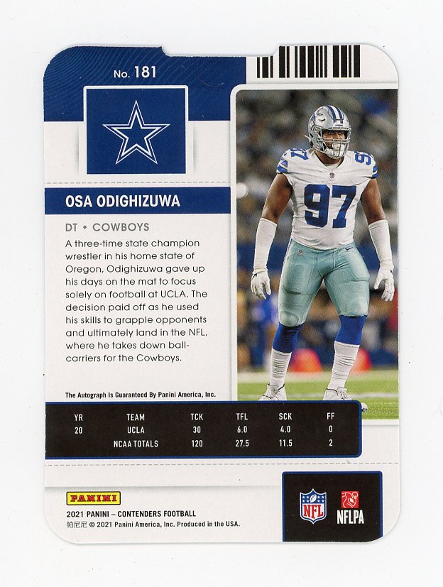 2021 Osa Odighizuwa Rookie Ticket Auto #D /97 Panini Dallas Cowboys # 181