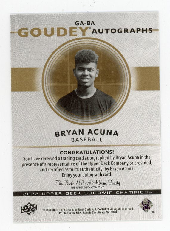 2022 Bryan Acuna Goudey Autographs Goodwin Champions # GA-BA