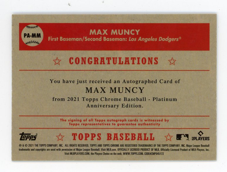 2021 Max Muncy Platinum Anniversary Topps Chrome Los Angeles Dodgers # PA-MM