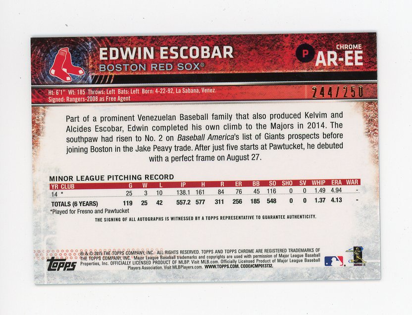 2015 Edwin Escobar Purple Auto #D /250 Topps Chrome Boston Red Sox # AR-EE