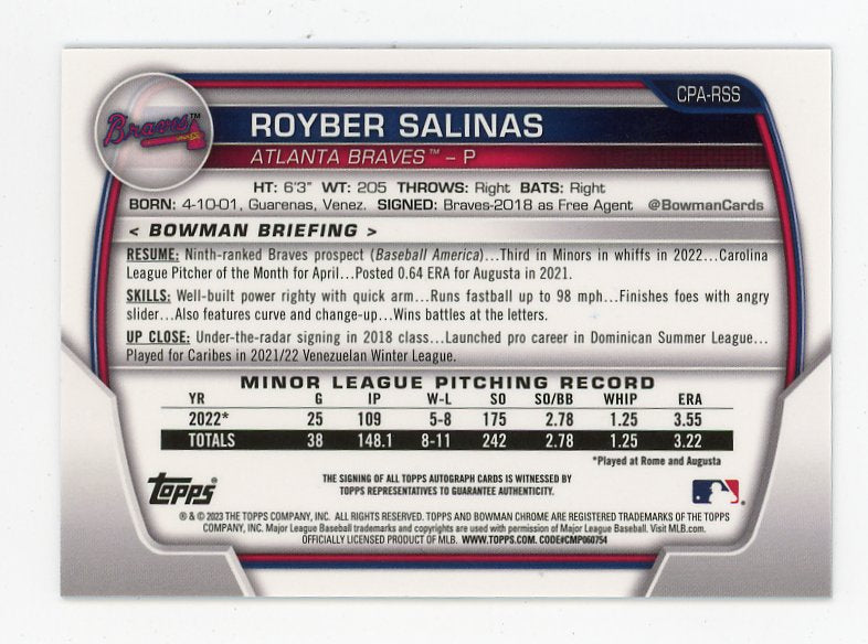 2023 Royber Salinas 1ST Bowman Auto Atlanta Braves Bowman Chrome # CPA-RSS