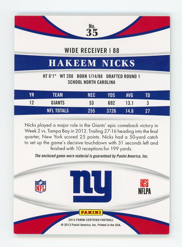 2013 Hakeem Nicks Patch #D /25 Certified New York Giants # 35