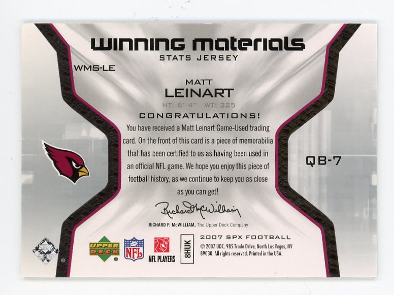 2007 Matt Leinart Winning Materials SPX Arizona Cardinals # WMS-LE