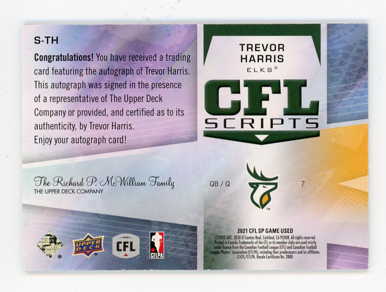2021 Trevor Harris CFL Scripts #D /100 SP Game Used Edmonton Elks # S-TH