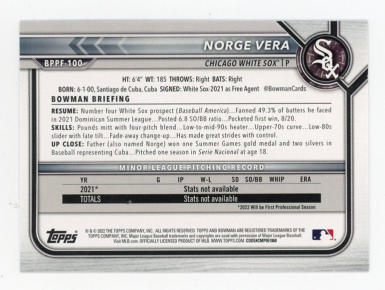 2022 Norge Vera Teal Refractor 1ST Edition Bowman Chicago White Sox # BPPF-100