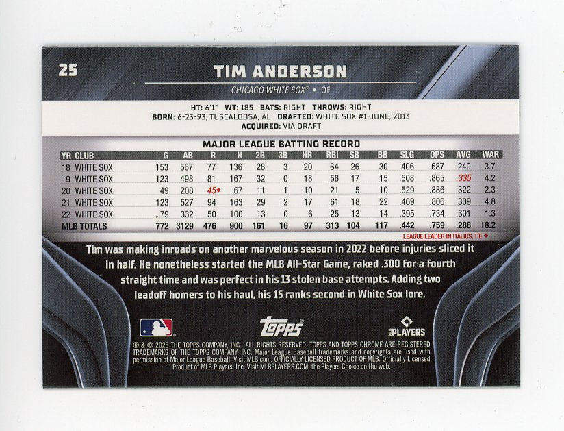 2023 Tim Anderson Topps Chrome Black Chicago White Sox # 25