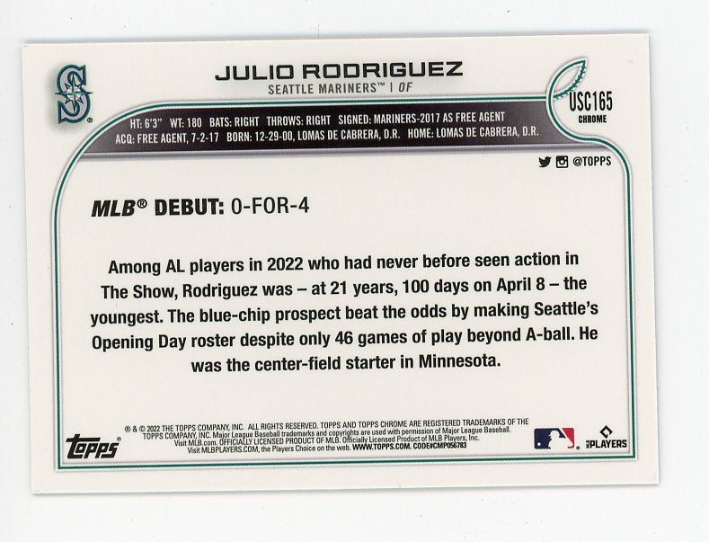 2022 Julio Rodriguez Rookie Debut Topps Chrome Seattle Mariners # USC165