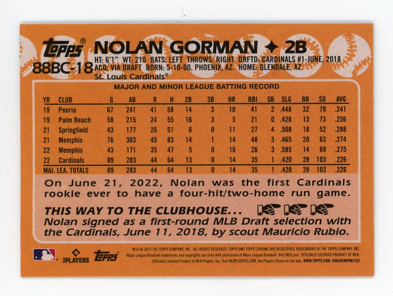 2023 Nolan Gorman Refractor Rookie Topps Chrome St.Louis Cardinals # 88BC-18