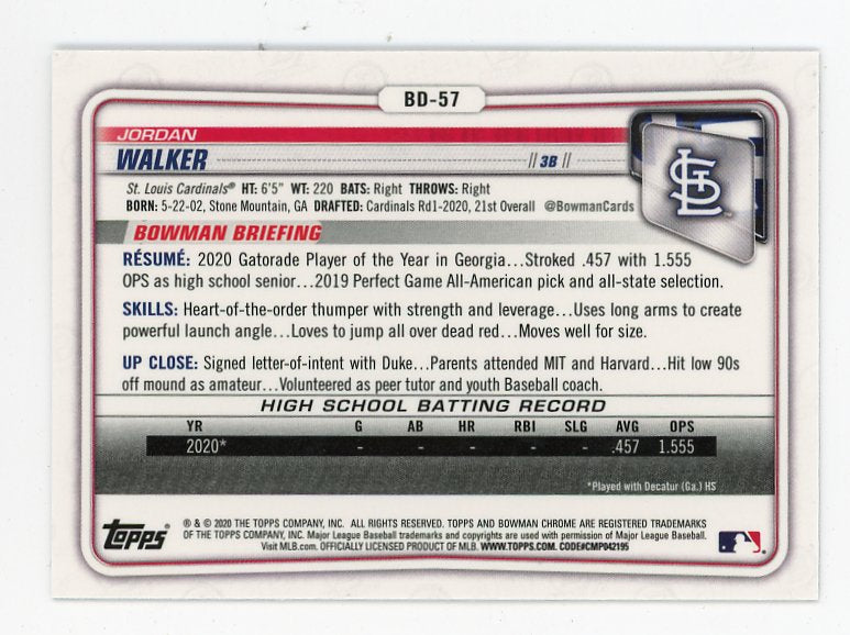 2020 Jordan Walker Prospect Bowman Chrome St.Louis Cardinals # BD-57