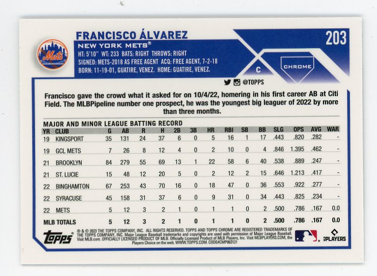 2023 Francisco Alvarez Rookie Topps Chrome New York Mets # 203