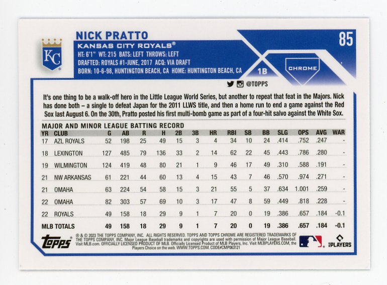 2023 Nick Pratto Rookie X Fractor Topps Chrome Kansas City Royals # 85