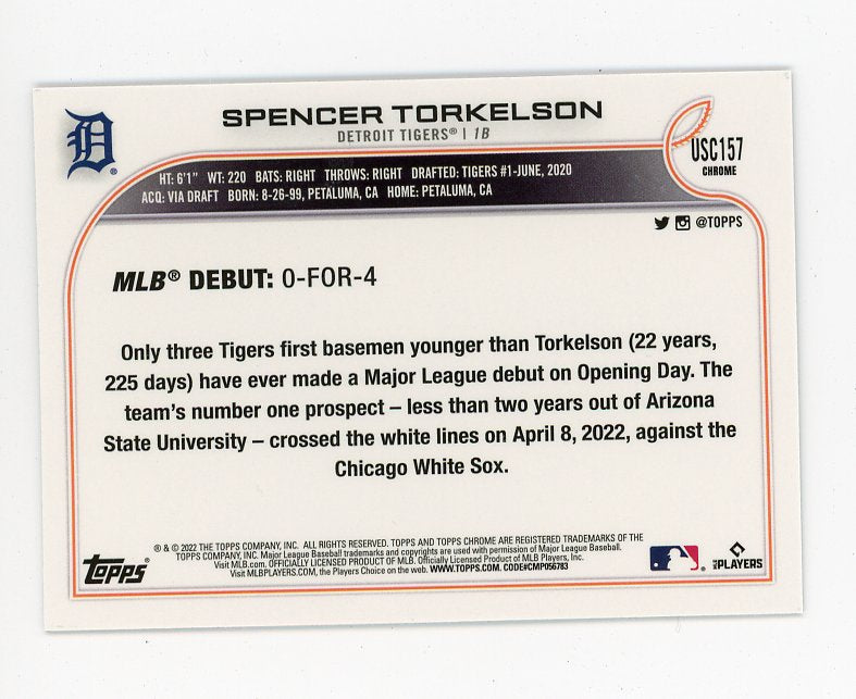 2022 Spencer Torkelson Rookie Debut Topps Chrome Detroit Tigers # USC157