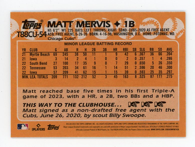 2023 Matt Mervis Mojo Rookie Topps Chrome Chicago Cubs # T88CU-54