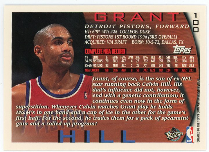 1995 Grant Hill Topps Detroit Pistons # 100