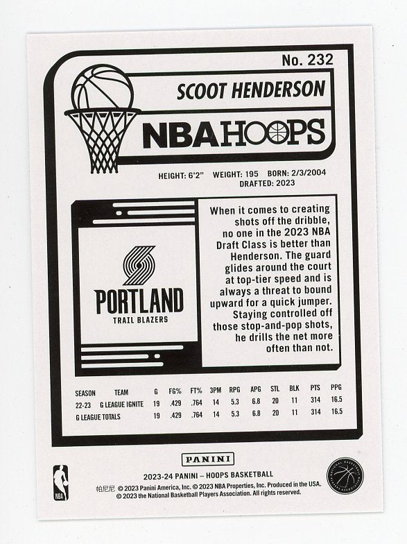 2023-2024 Scoot Henderson Rookie NBA Hoops Portland Trail Blazers # 232