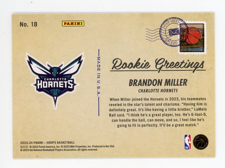 2023-2024 Brandon Miller Greetings From NBA Hoops Charlotte Hornets # 18