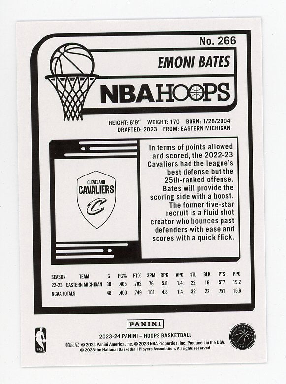 2023-2024 Emoni Bates Rookie NBA Hoops Cleveland Cavaliers # 266