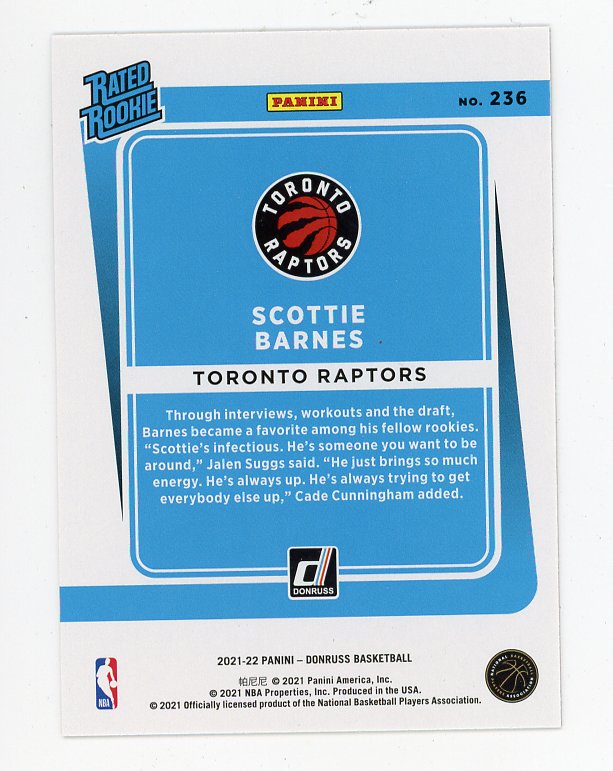 2021-2022 Scottie Barnes Rated Rookie Orange Laser Donruss Toronto Raptors # 236